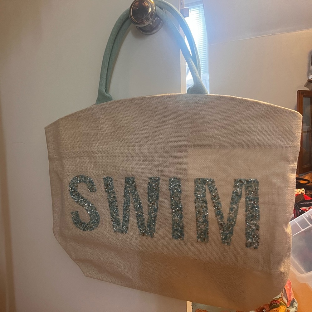 Large SWIM Tote Bag - Cream with Blue Accents